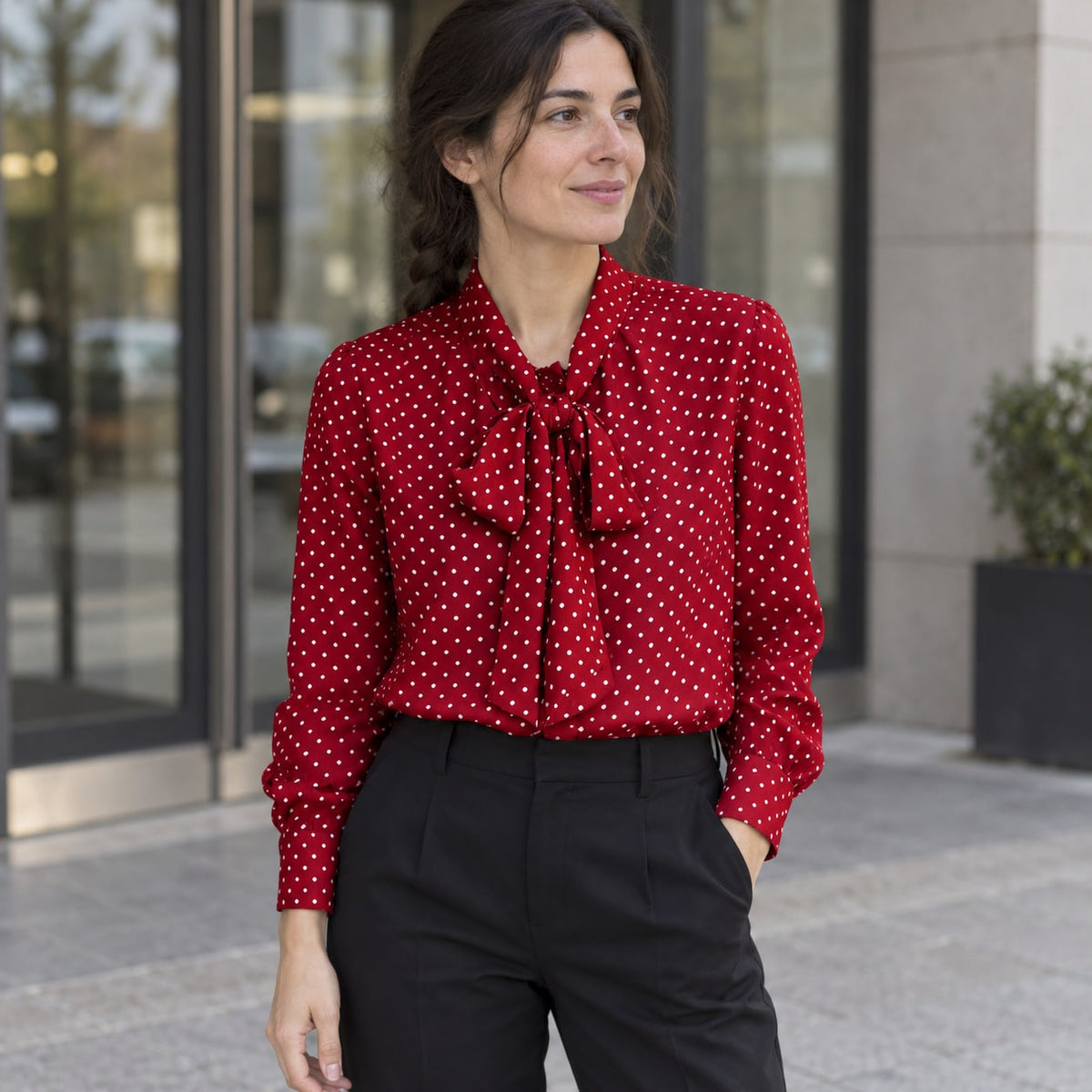 Blusa roja de lunares con lazada al cuello en look de oficina