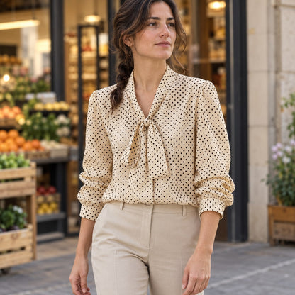 Blusa albaricoque de lunares con lazada al cuello en look urbano