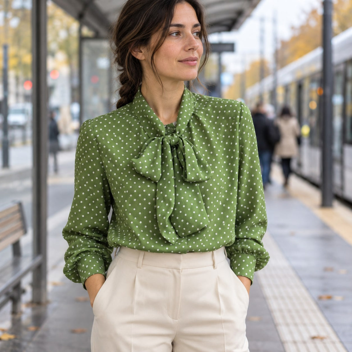 Blusa verde de lunares con lazada al cuello en parada urbana