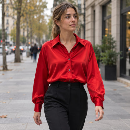 Camisa roja de satén en paseo urbano