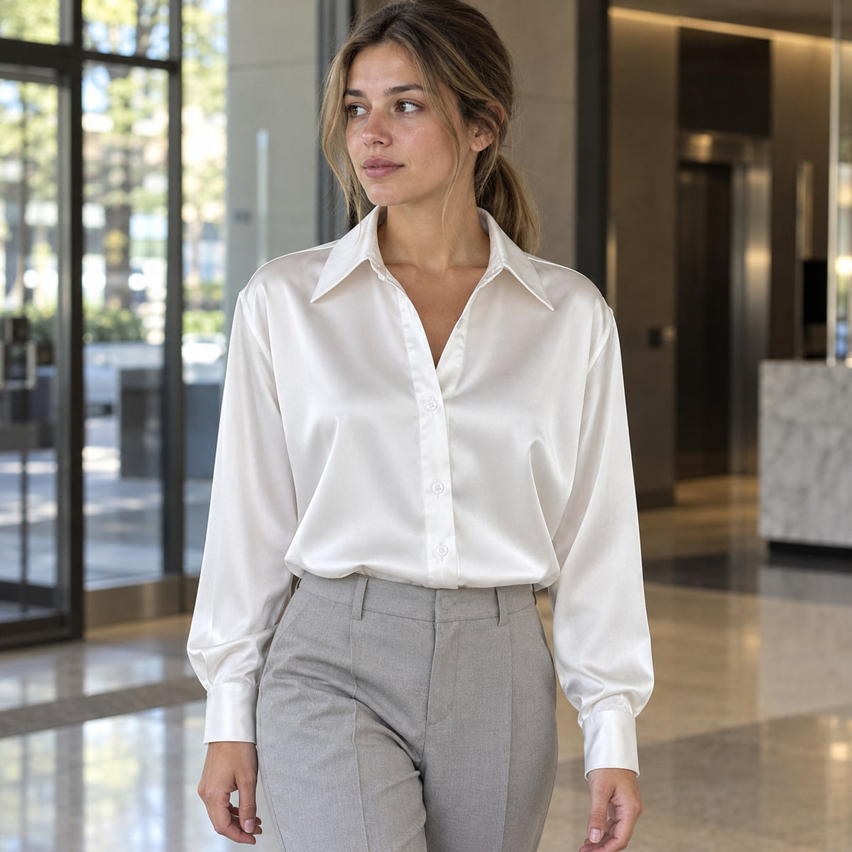 Camisa blanca de satén en look de oficina