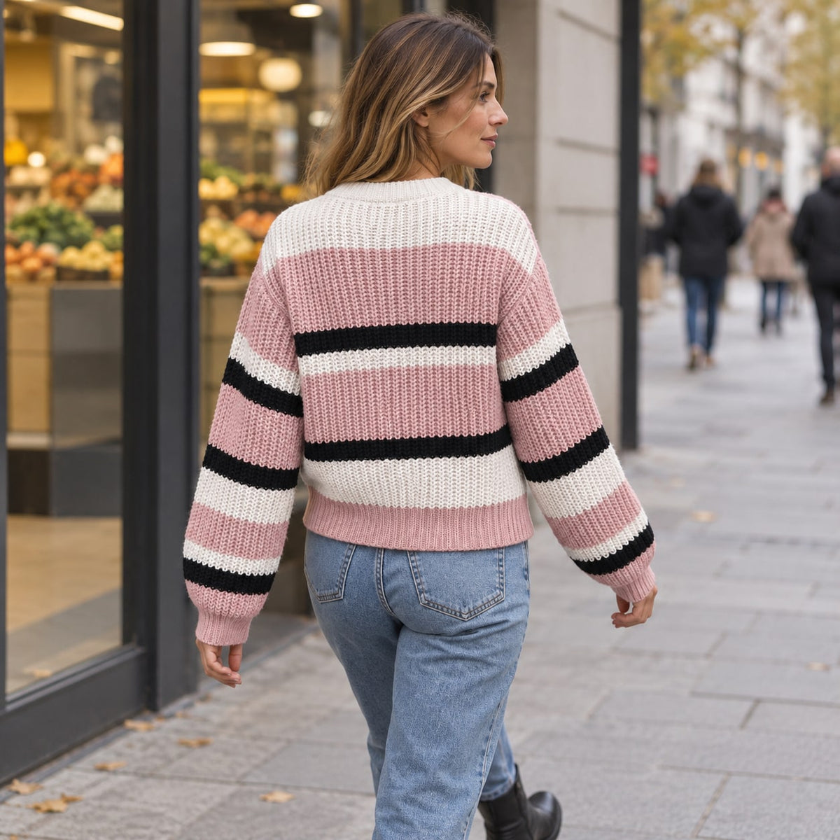 Jersey de rayas rosa oversize visto de espalda en la ciudad