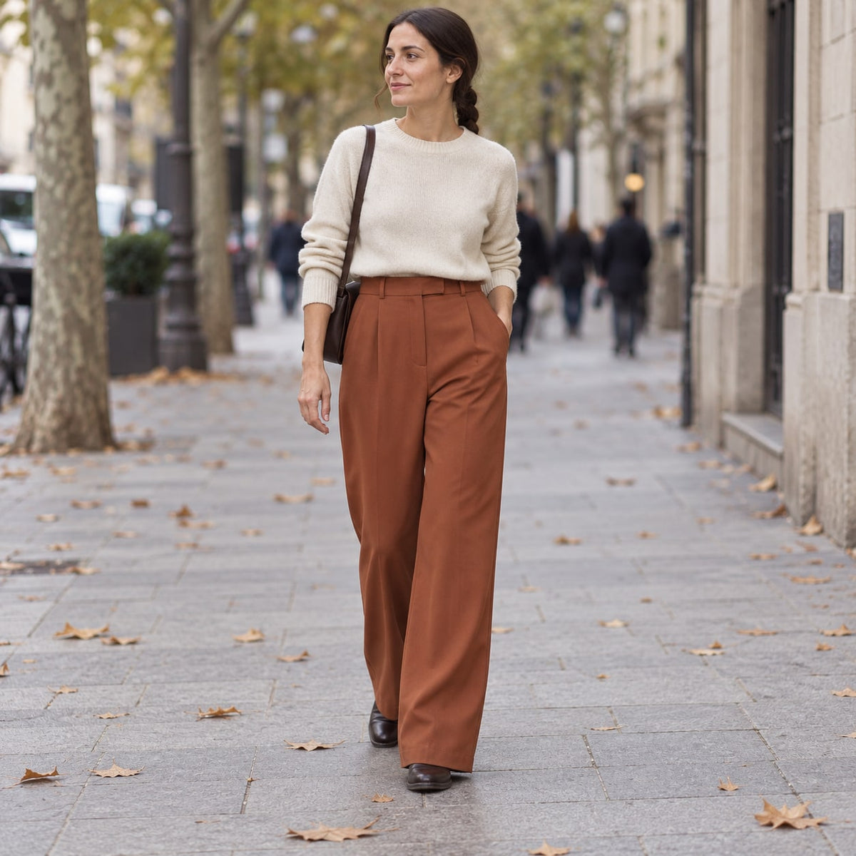 Pantalón recto vintage marrón de cintura alta en avenida urbana