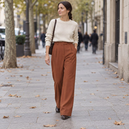 Pantalón recto vintage marrón de cintura alta en avenida urbana
