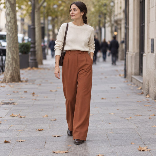 Pantalón recto vintage marrón de cintura alta en avenida urbana