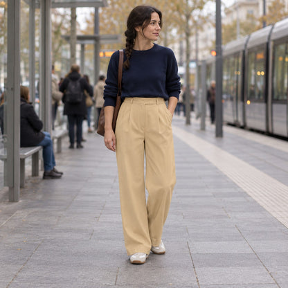 Pantalón recto vintage caqui de cintura alta en parada de tranvía
