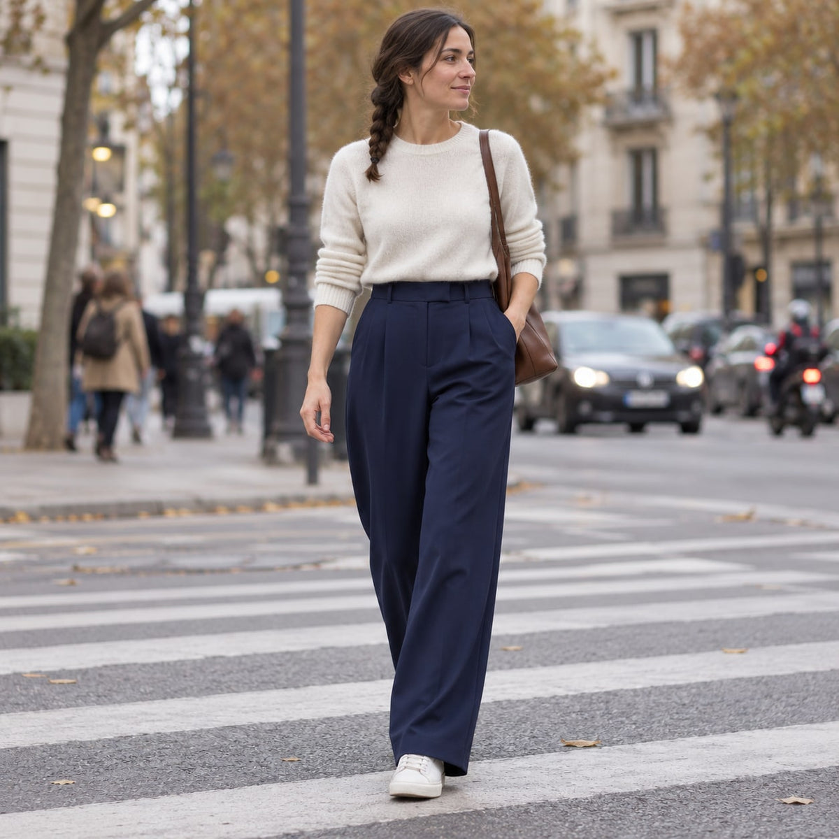 Pantalón recto vintage azul marino de cintura alta en paso de cebra