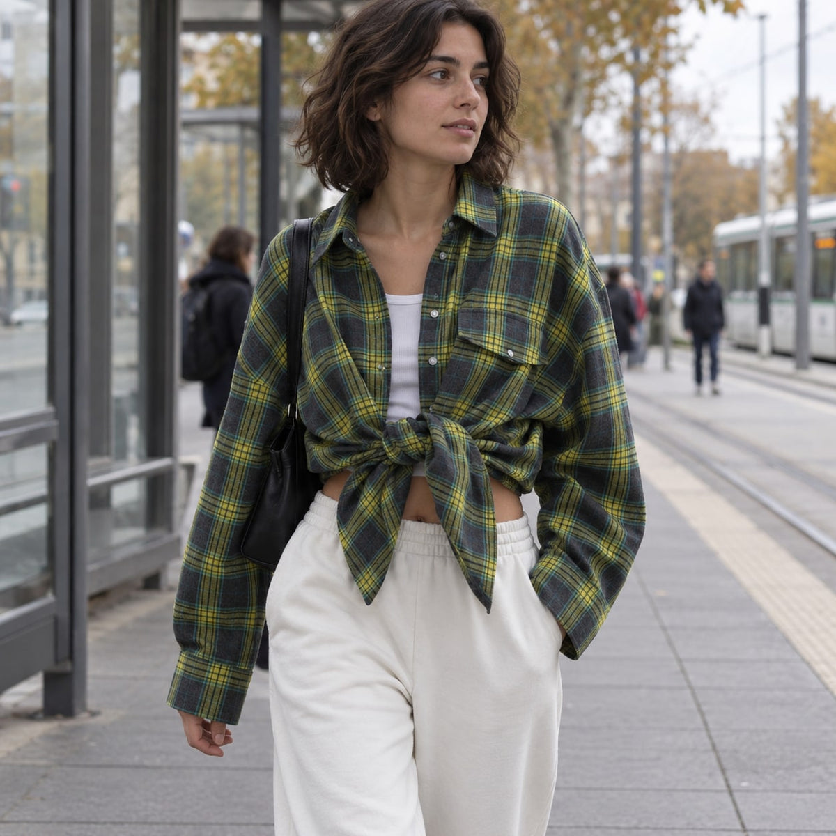 Camisa de cuadros oversize verde en parada de tranvía de otoño