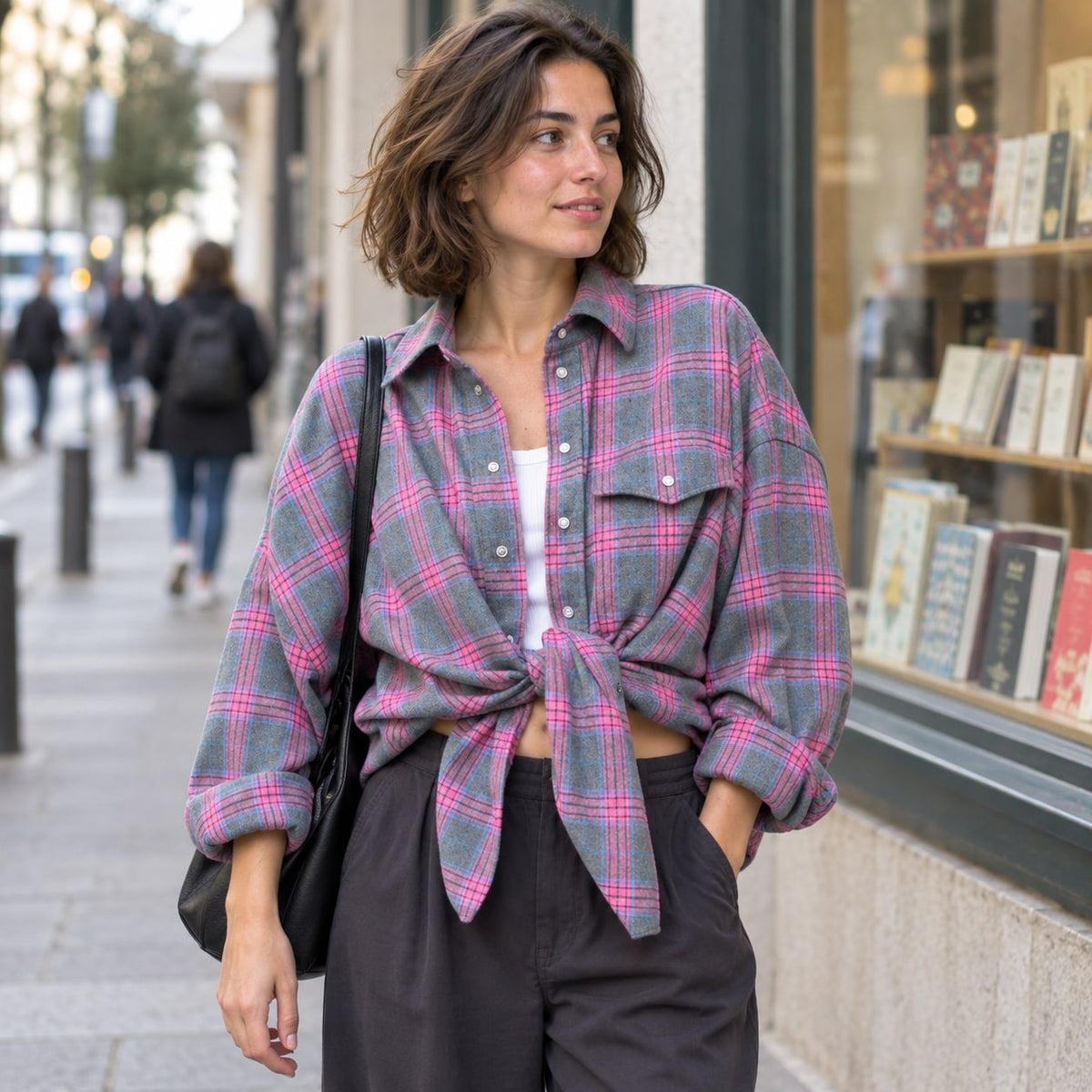 Camisa de cuadros oversize rosa junto a escaparate urbano