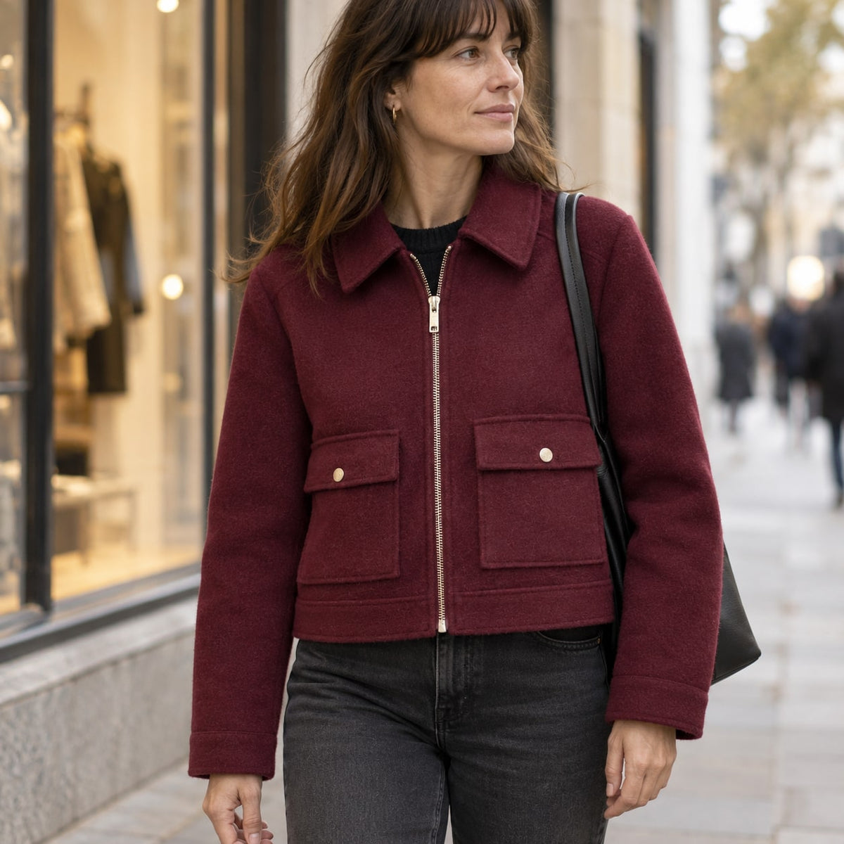 Chaquetón corto burdeos de invierno con cuello camisero, paseo urbano