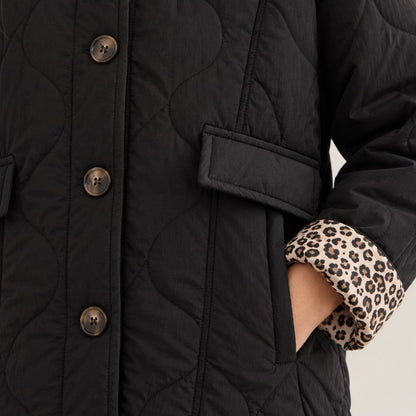 Detalle de acolchado ondulado, botones y forro de leopardo en chaqueta negra