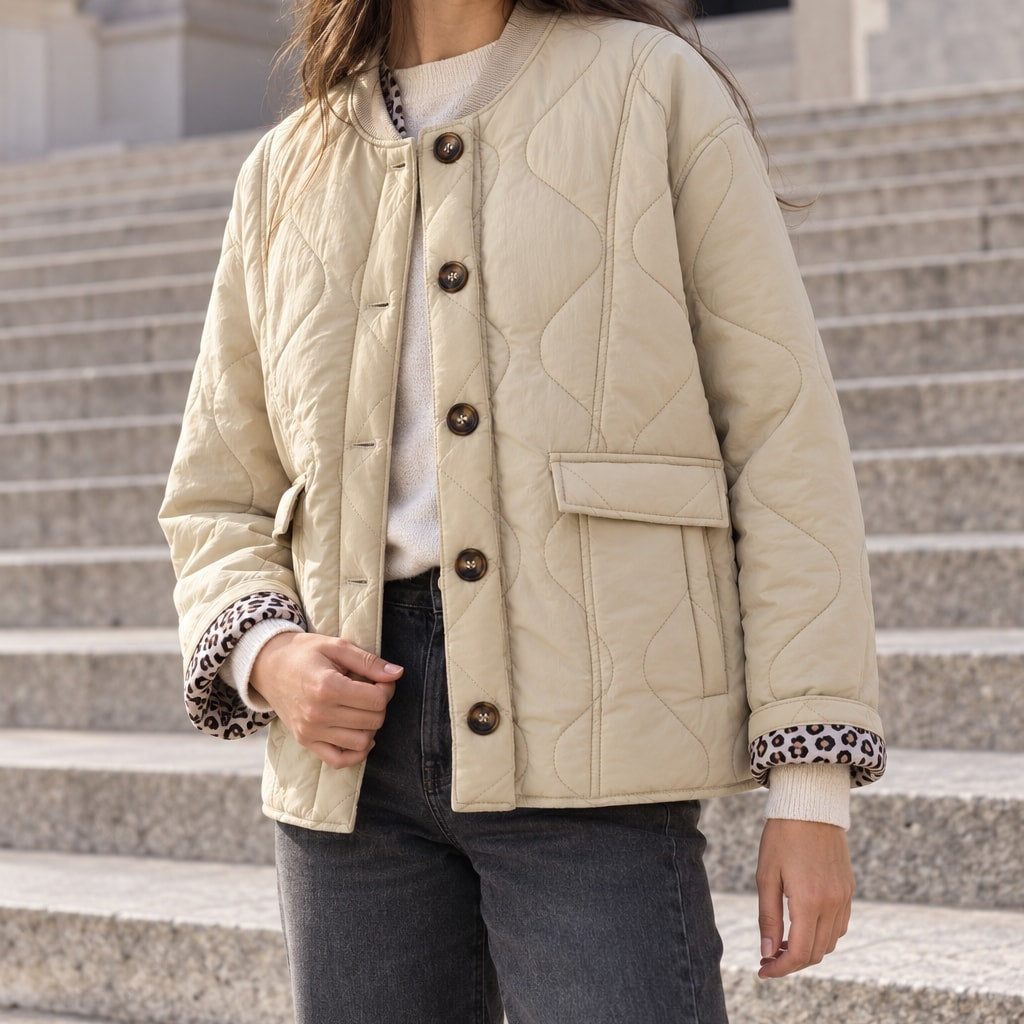 Chaqueta acolchada corta beige con botones y forro de leopardo