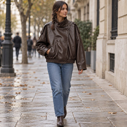 Chaqueta de piel sintética oversize marrón para mujer en un paseo de otoño