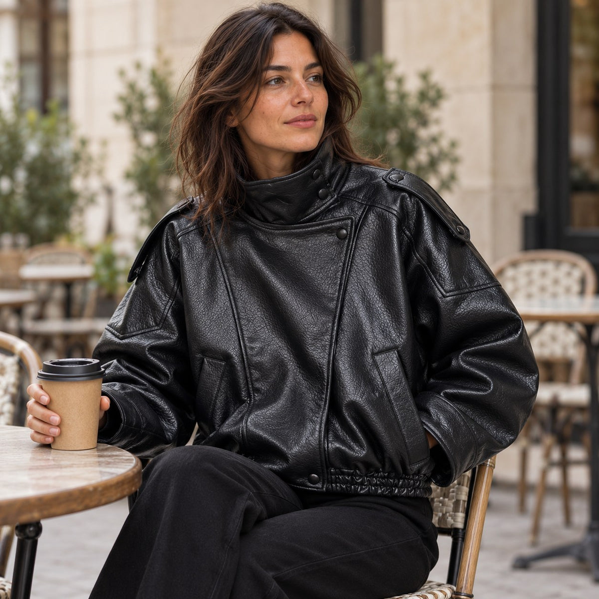 Chaqueta de piel sintética oversize negra para mujer en una terraza de otoño