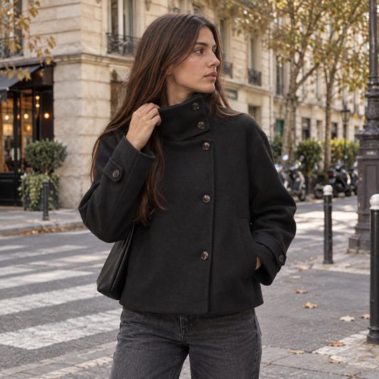 Abrigo corto negro de cuello alto con botones asimétricos, look de otoño