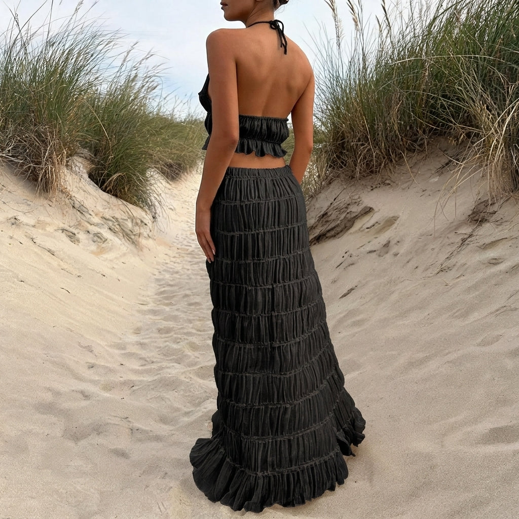 Conjunto boho negro top halter y falda larga