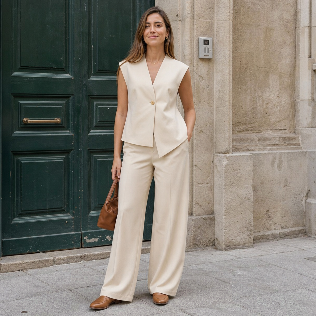 Conjunto de chaleco y pantalón mujer beige