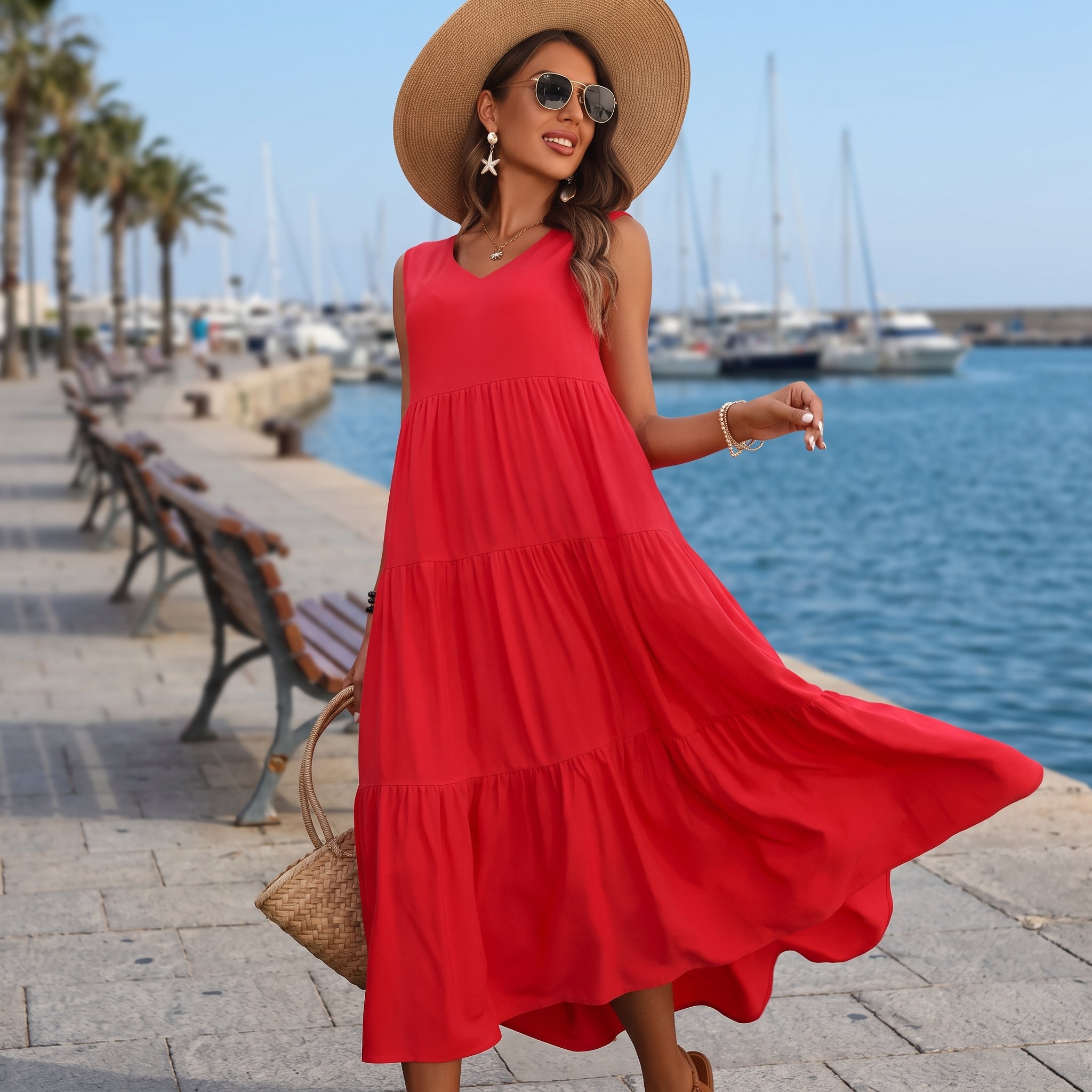 Vestido midi evasé sin mangas rojo - Carlota Maré