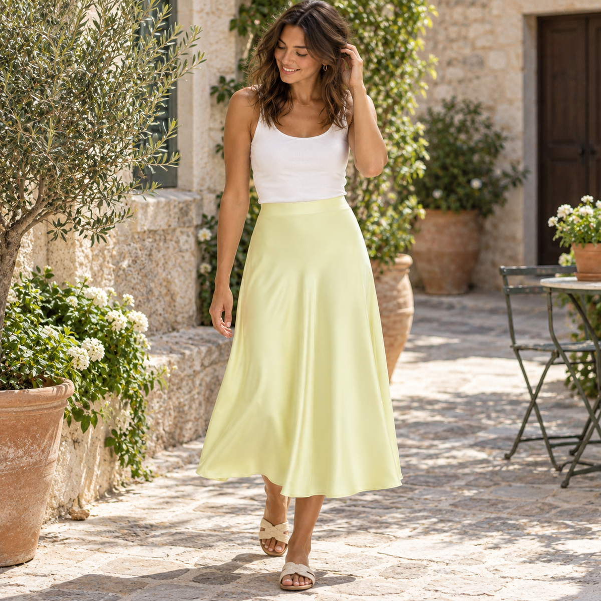 Falda satinada midi amarillo claro de cintura alta en look mediterráneo