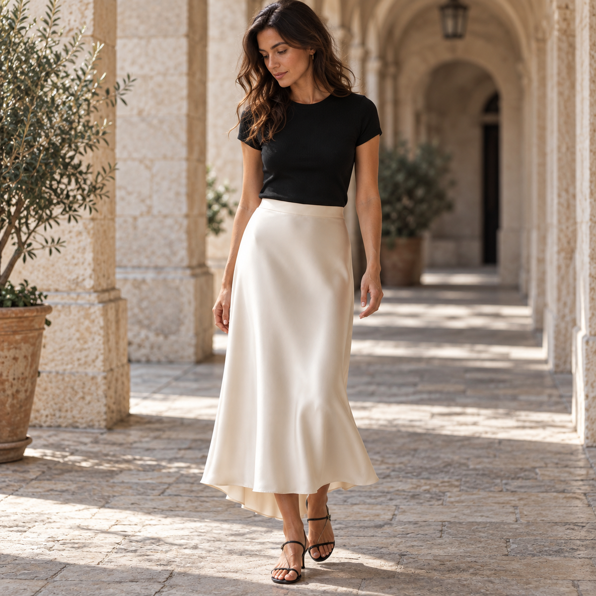 Falda satinada midi beige de cintura alta en look mediterráneo