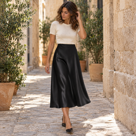 Falda satinada midi negra de cintura alta en look mediterráneo