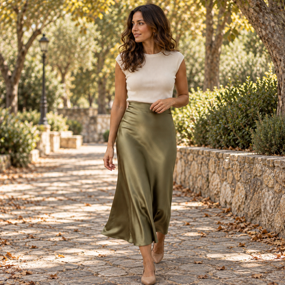Falda satinada midi verde militar de cintura alta en look mediterráneo