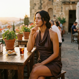 Vestido corto satinado halter marron chocolate