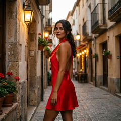 Vestido corto satinado halter rojo