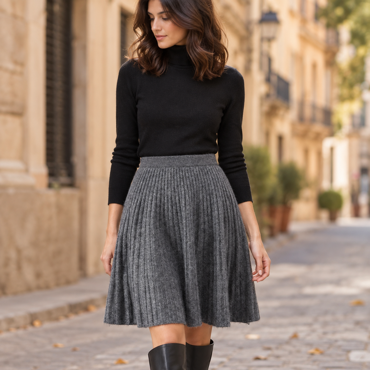 Falda Plisada de Punto Gris oscuro