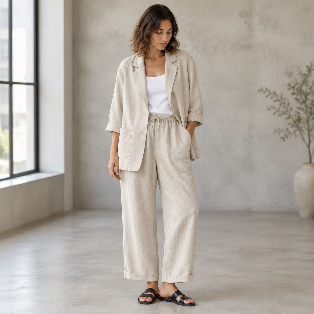 Conjunto Blazer y Pantalón de Lino Beige