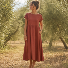 Vestido largo de lino teja en olivar