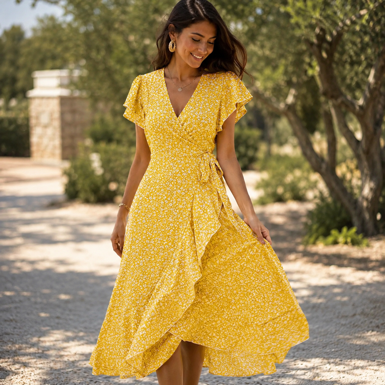 Vestido largo floral cruzado amarillo en jardín mediterráneo