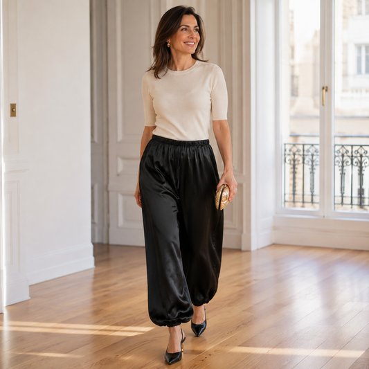 Pantalón Bombacho Satinado para Mujer – Negro