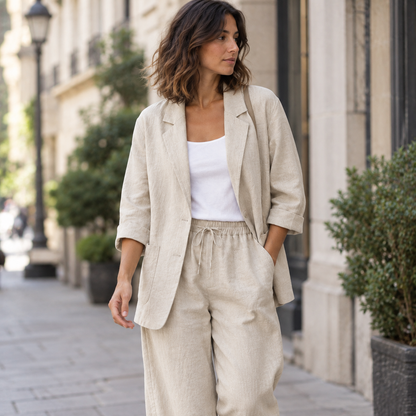 Conjunto blazer y pantalón de lino Beige, secundaria lifestyle caminando