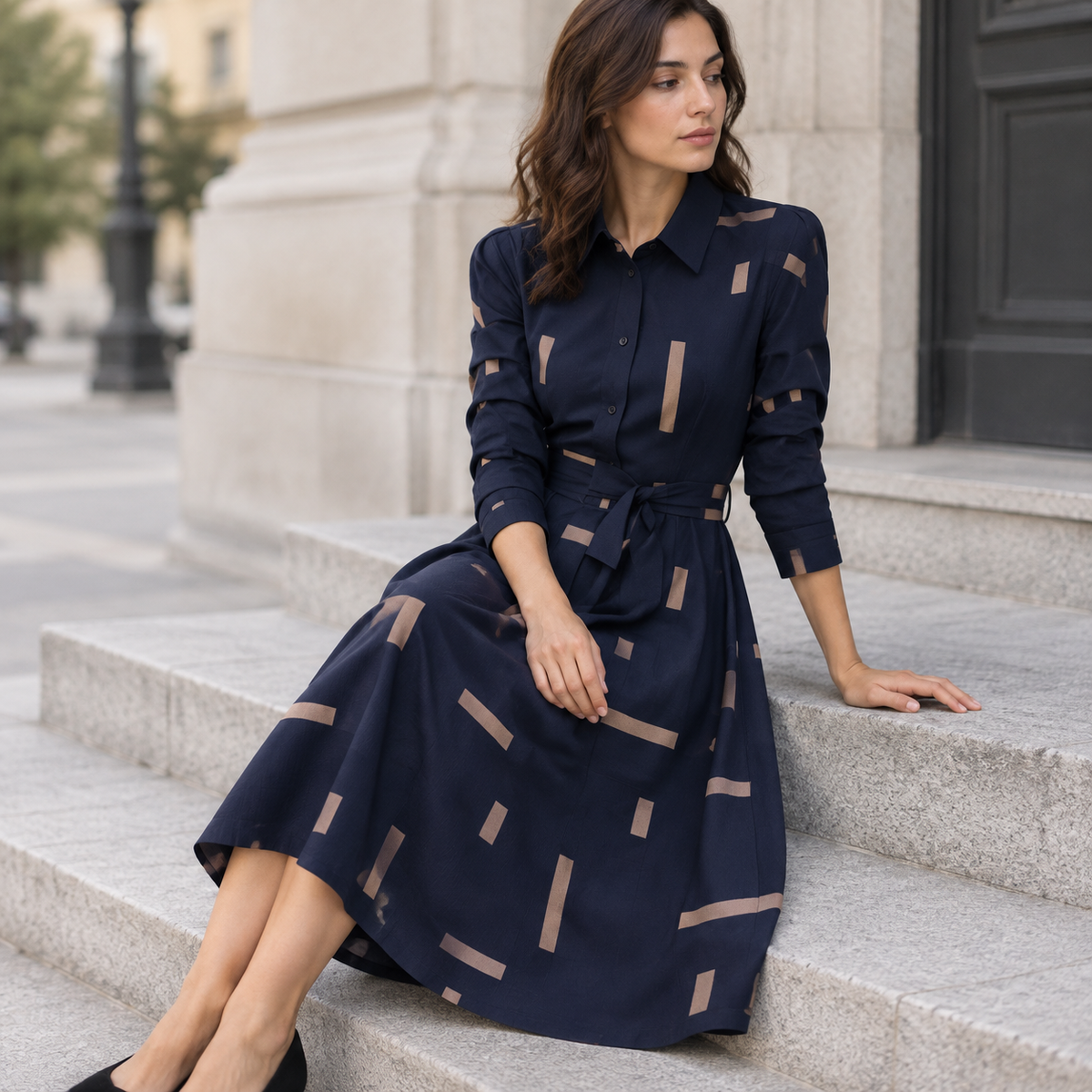 Vestido Camisero Midi Geométrico Azul marino