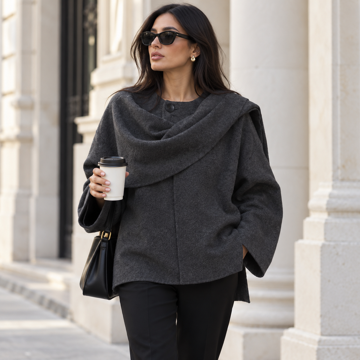Chaqueta de punto con bufanda mujer gris oscuro