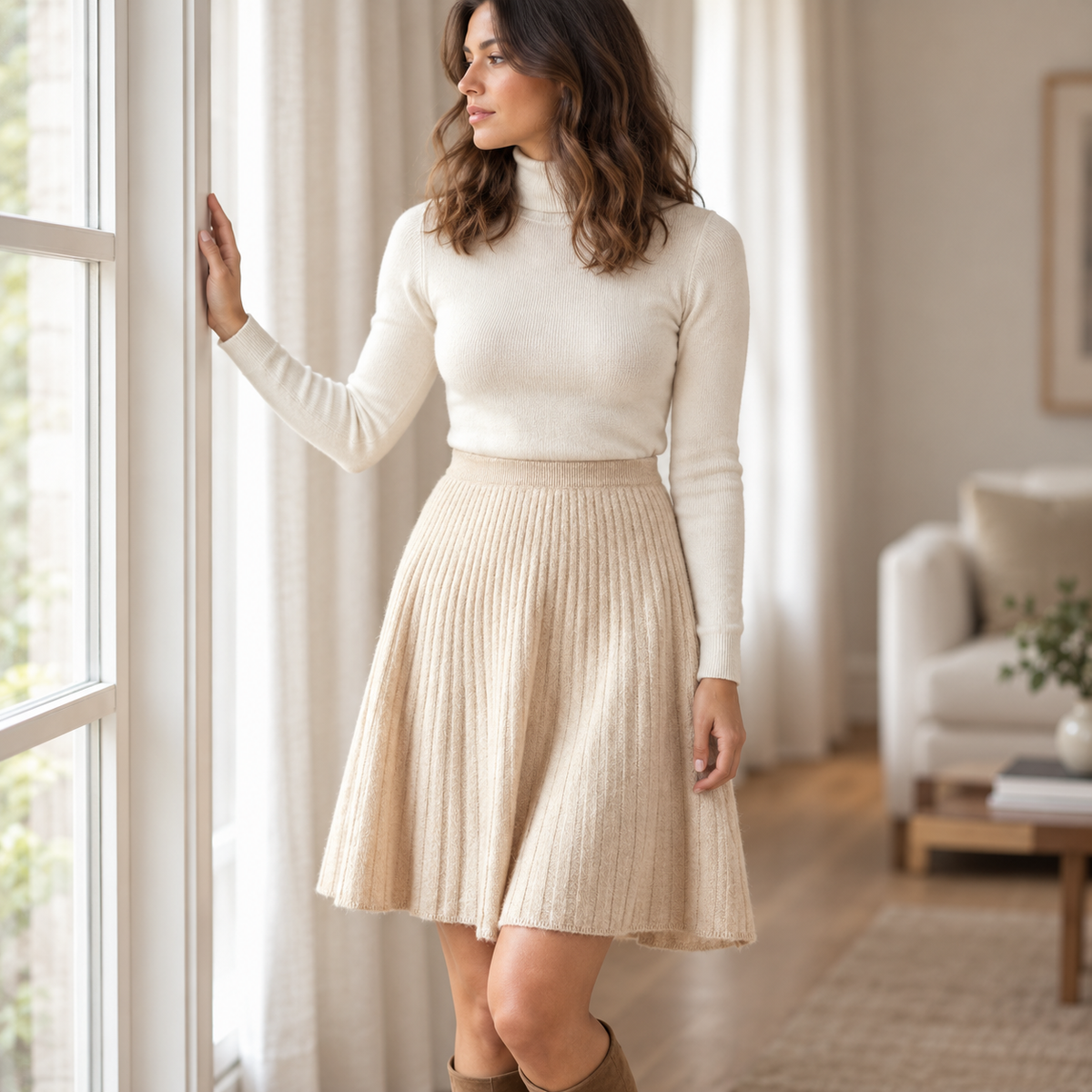 Falda Plisada de Punto Beige