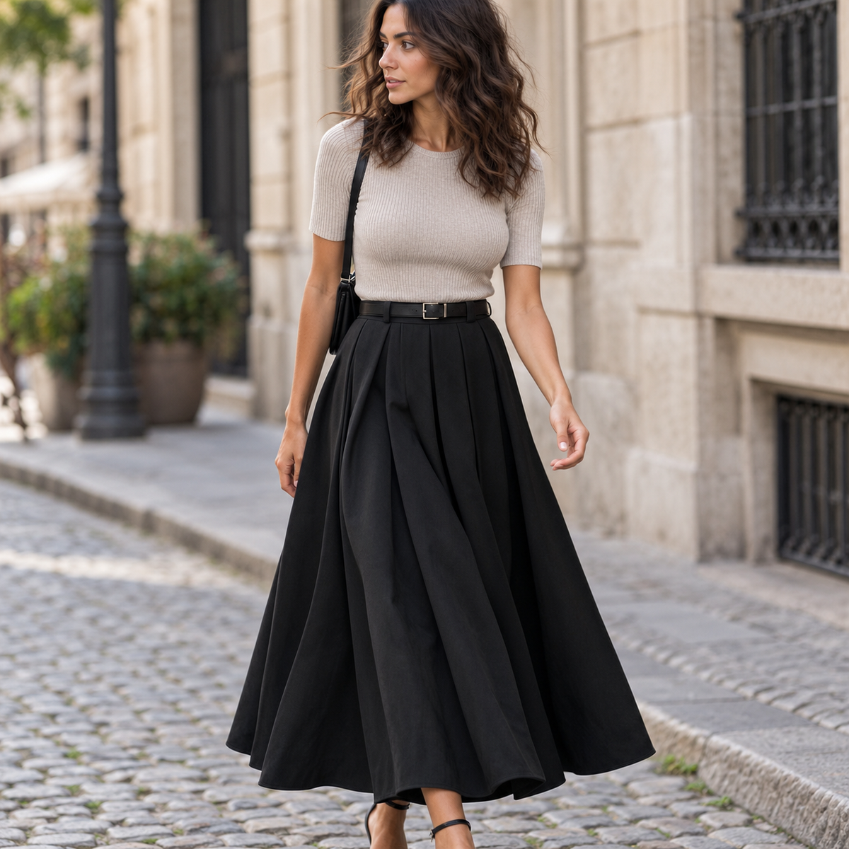 Falda midi plisada coreana Negro, secundaria lifestyle caminando