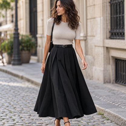 Falda midi plisada coreana Negro, secundaria lifestyle caminando