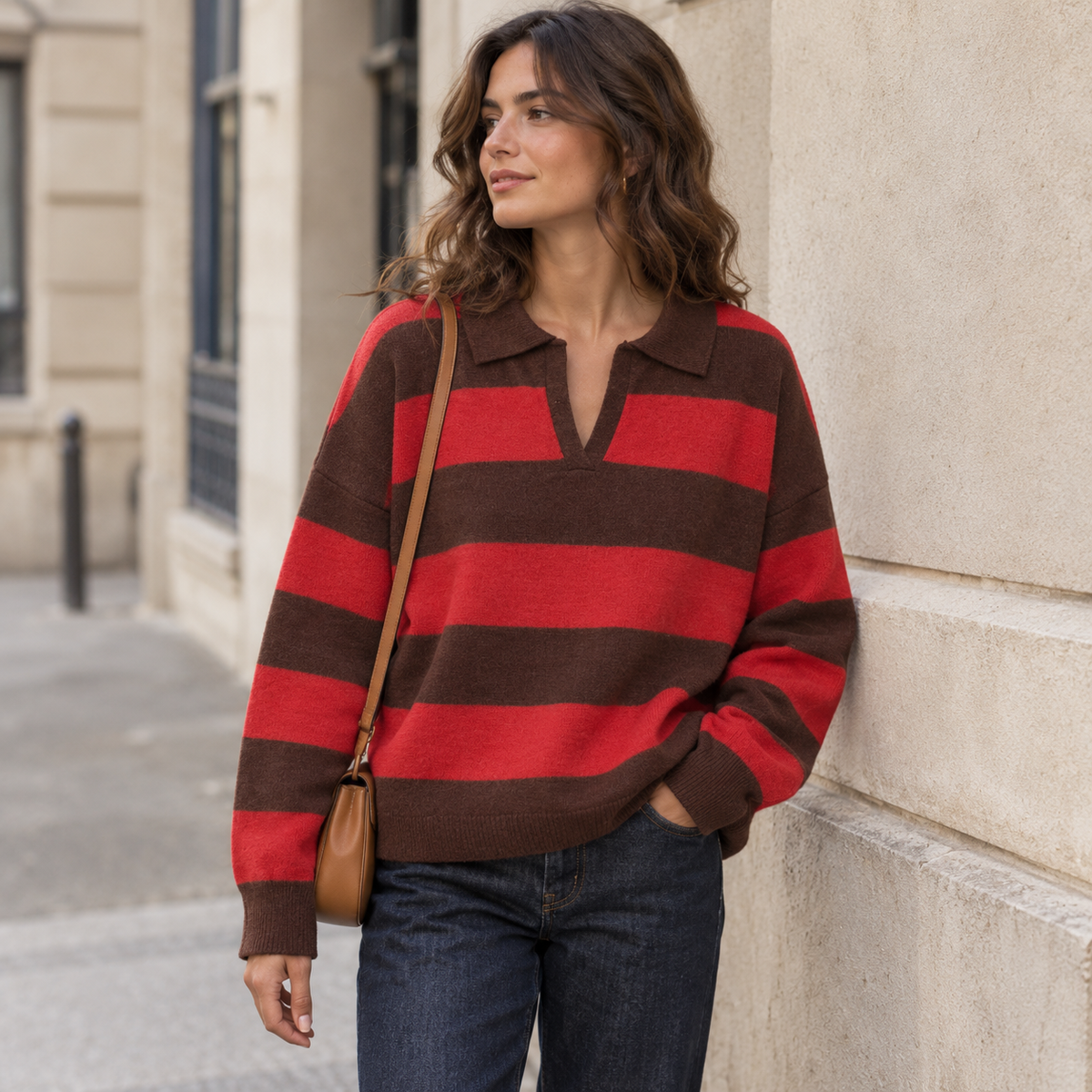Jersey de rayas cuello polo oversize color rojo y marrón para mujer