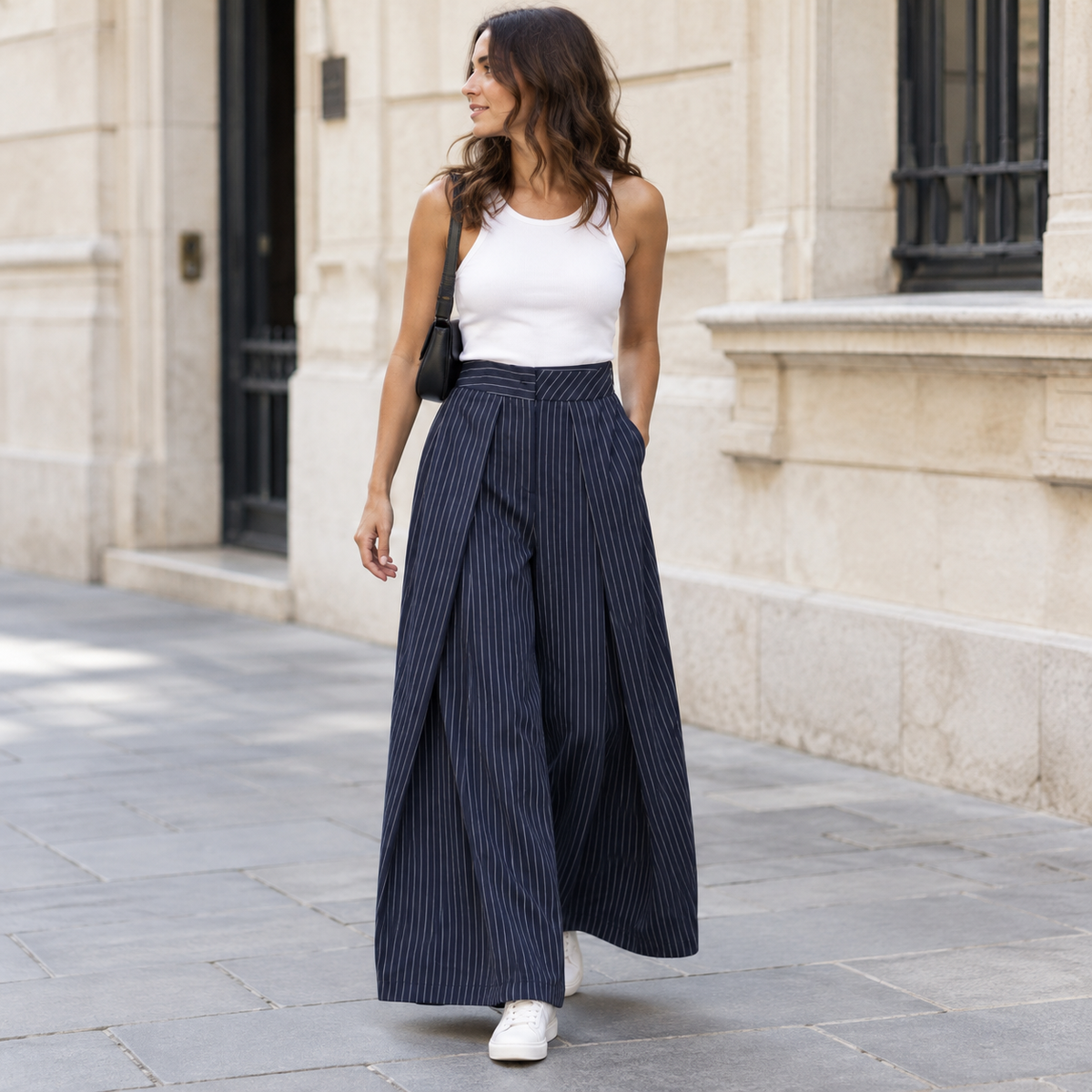 Pantalón ancho plisado baggy cintura alta - Rayas