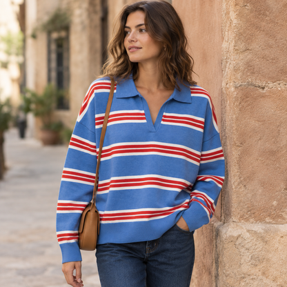 Jersey de rayas cuello polo oversize color azul, rojo y blanco para mujer