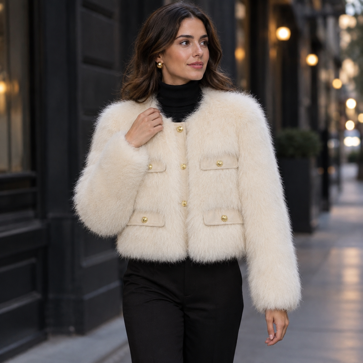 Chaqueta de pelo beige con botones dorados