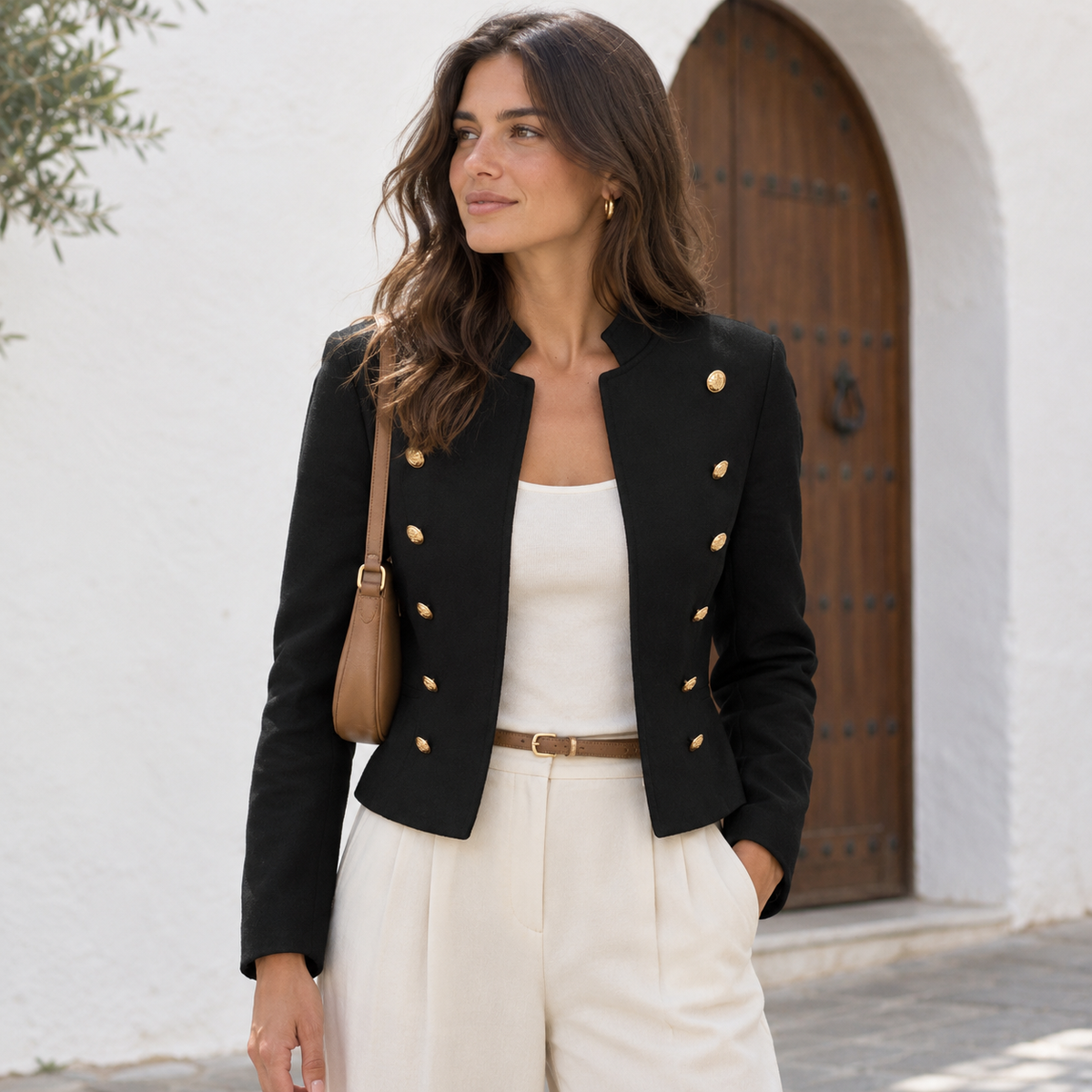 Chaqueta militar negra para mujer con botones dorados
