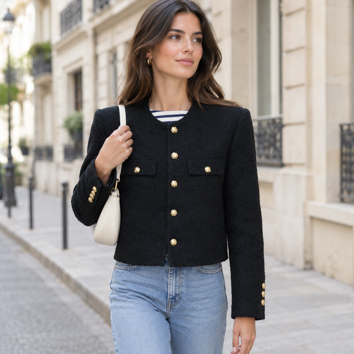 Chaqueta tweed negra con botones dorados