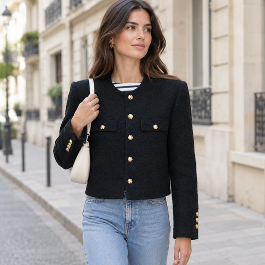 Chaqueta tweed negra con botones dorados