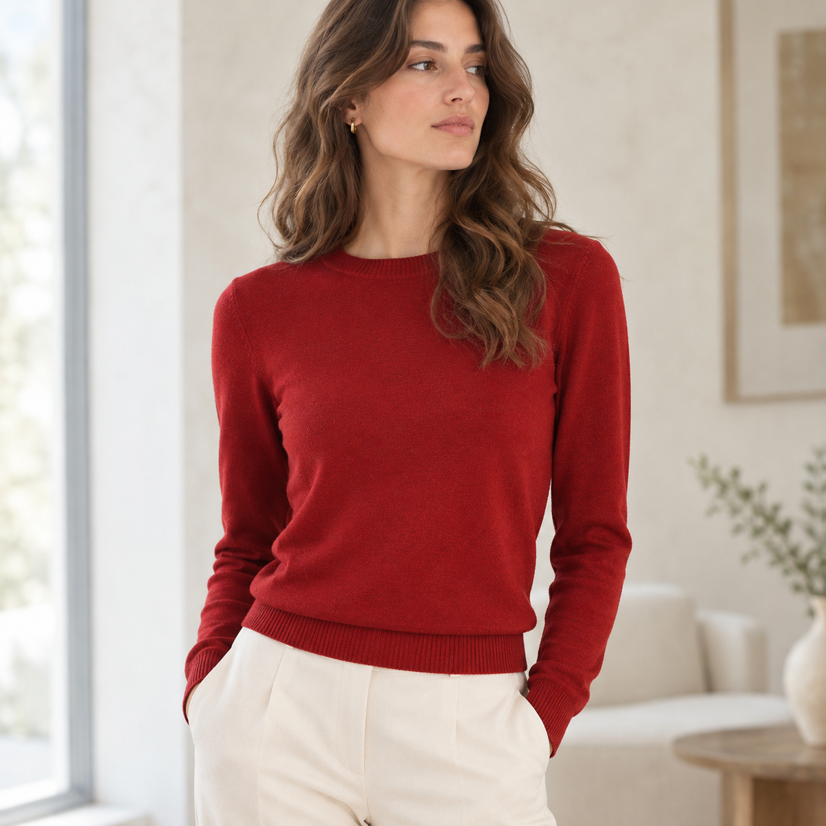 Jersey Cuello Redondo Cashmere color Burdeos