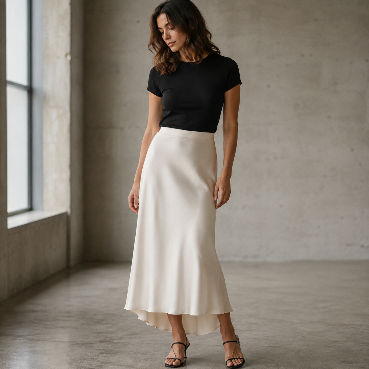 Falda Satinada Midi Beige
