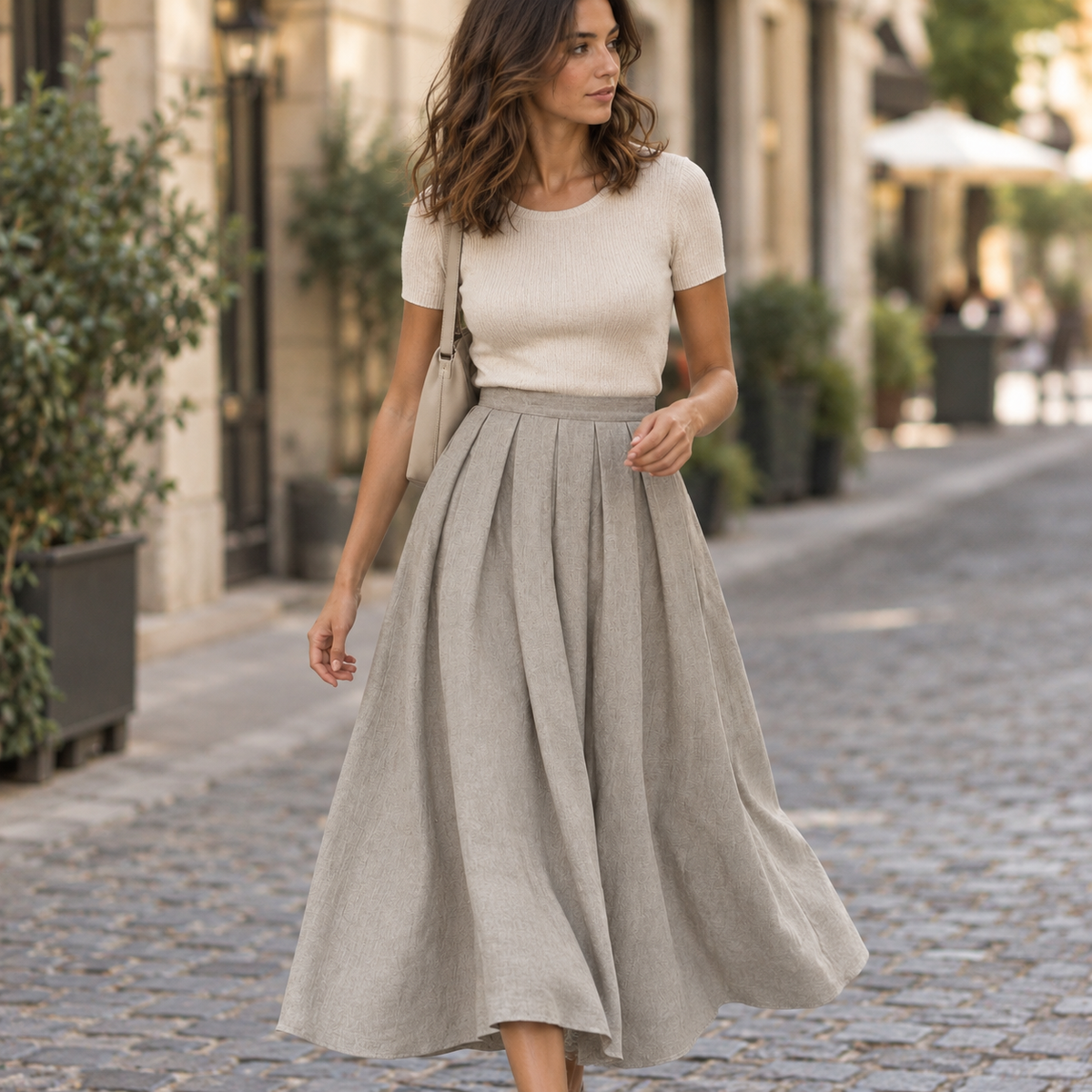 Falda midi plisada coreana Caqui claro, secundaria lifestyle caminando