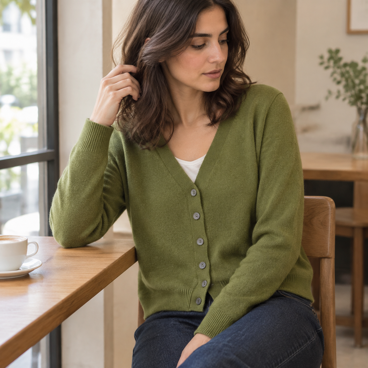 Cárdigan cashmere cuello V holgado - Verde militar